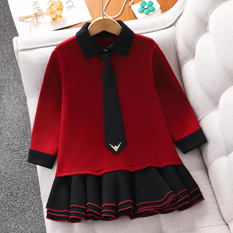 Váy áo kiểu preppy cổ POLO cho bé gái, mẫu mới xuân 2025, áo thun dài tay cho bé gái, trang phục mùa xuân