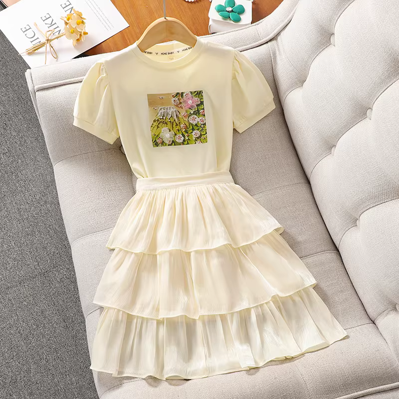Bộ trang phục hè 2025 cho bé gái, quần áo trẻ em mới, bộ hai mảnh váy ngắn tay hè cho bé gái, bộ đồ váy cho bé lớn