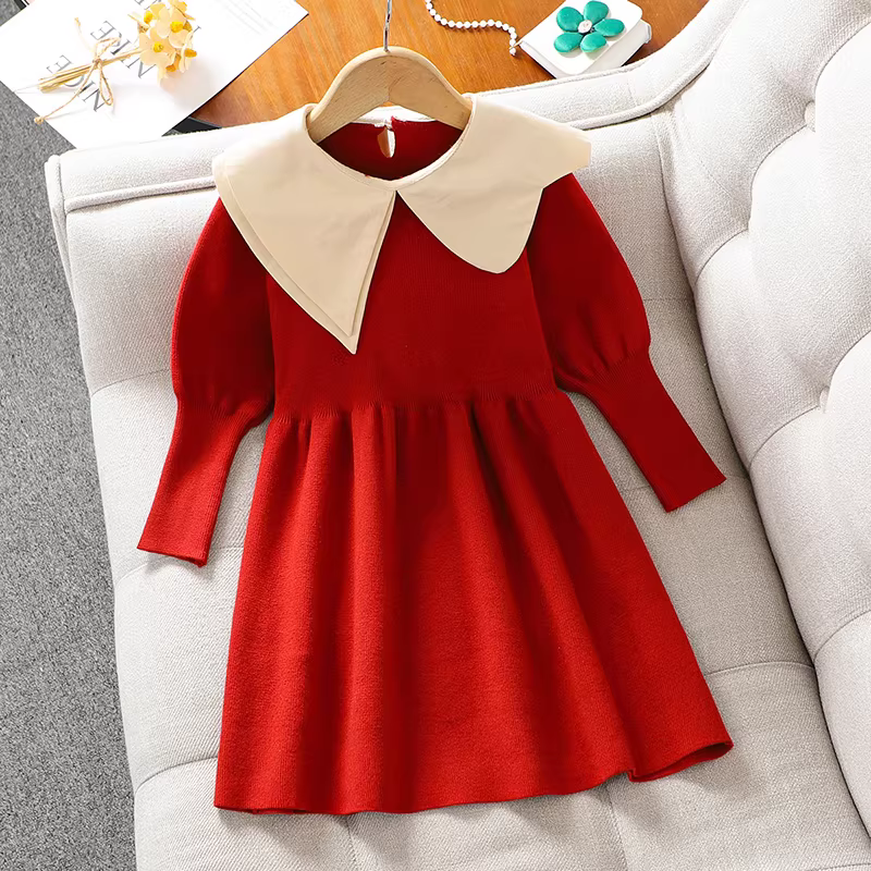 Váy áo len bé gái mùa đông 2025, mẫu mới, váy công chúa thu đông cho bé, váy đỏ cổ lệch cho bé lớn