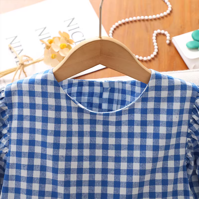 Váy bé gái hè 2025 kiểu mới, váy công chúa kẻ caro tay ngắn cho bé gái lớn, phong cách Hàn Quốc