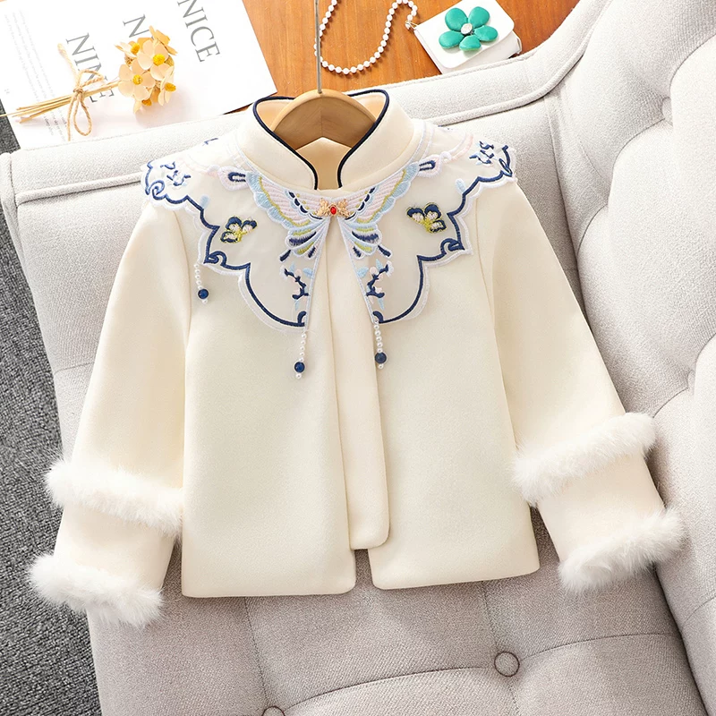 Bộ trang phục mùa đông lót lông cừu cho bé gái, bộ váy mamian cho bé gái, váy Hanfu kiểu Trung Hoa mới năm 2025, trang phục Tết mùa thu đông.