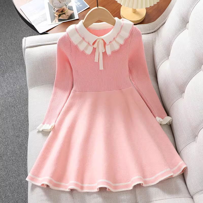 Váy len dày màu đỏ cho bé gái mùa đông 2025, váy công chúa Tết, áo len đầm cho trẻ lớn