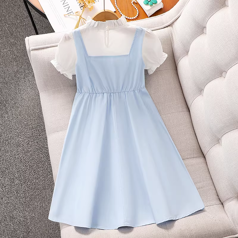 Váy hai mảnh giả kiểu hè 2025 dành cho bé gái, kiểu dáng mới, phong cách học sinh, váy công chúa mỏng cho trẻ em