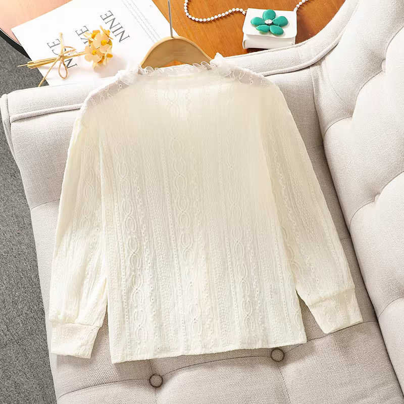 Áo sơ mi dài tay bé gái xuân thu 2025 kiểu mới áo gile ren trẻ em áo kiểu thu bé gái giả hai lớp