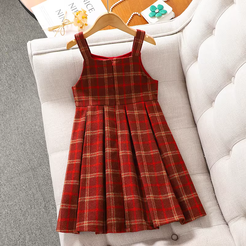 Váy kiểu Chanel nhỏ nhắn dành cho bé gái, trang phục chào mừng năm mới cho trẻ em mùa thu đông, váy kẻ sọc, váy bộ đồ năm mới màu đỏ cho bé gái.