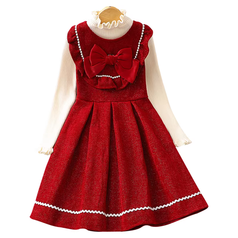 Váy đỏ bé gái thu đông 2025, trang phục Tết, váy yếm bé gái, trang phục Tết trẻ em, bộ đồ Tết