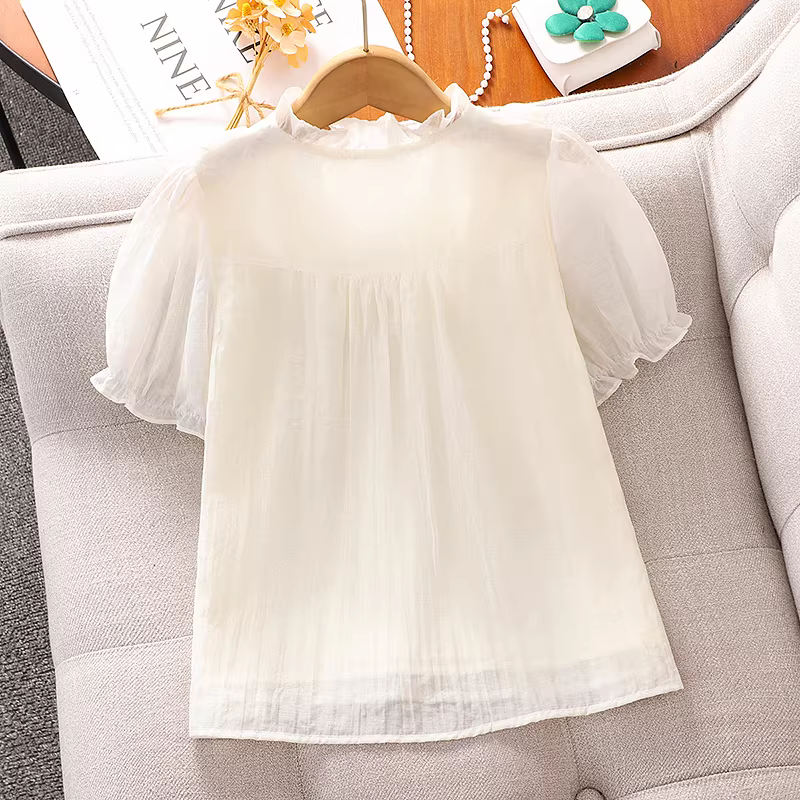 Áo thun bé gái kiểu Hàn Quốc mùa hè 2025, tay ngắn, chất liệu mỏng, kiểu dáng trẻ trung, năng động