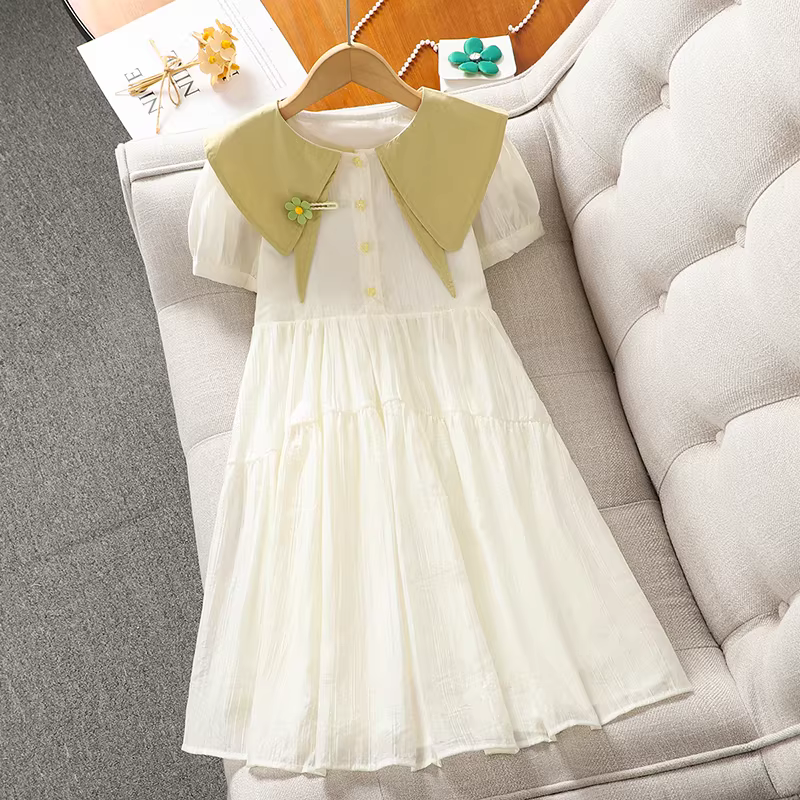 Váy bé gái mùa hè cổ búp bê mỏng năm 2025, váy công chúa ngắn tay mới cho bé gái, váy mùa hè cho bé gái
