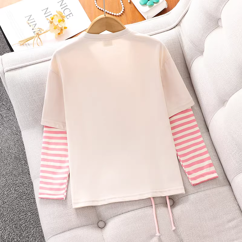 Áo thun sọc xuân hè 2025 kiểu mới cho bé gái, áo lót giả hai lớp tay dài, áo in hình xuân thu cho bé gái