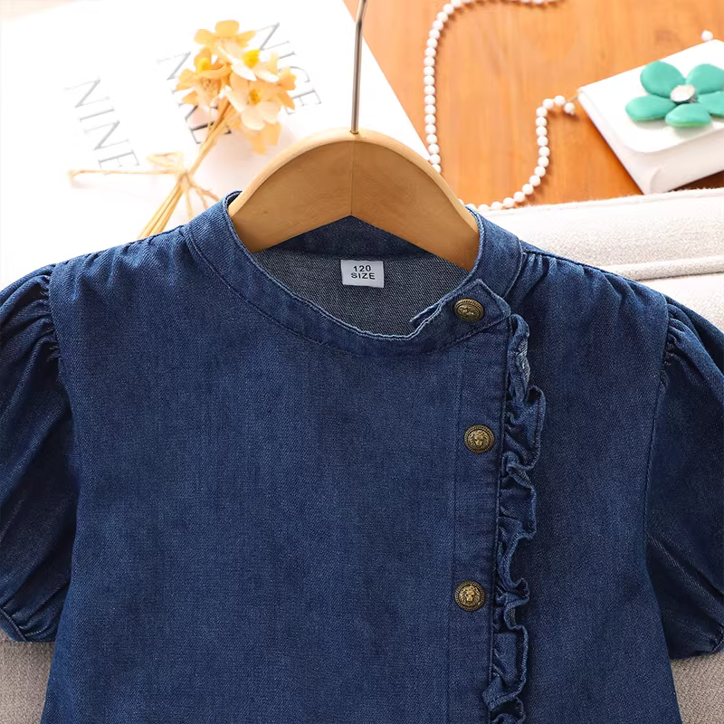 Váy denim ngắn tay thời trang cho bé gái, đầm hè 2025, kiểu dáng trẻ em, eo thon, váy thường ngày, đầm hè