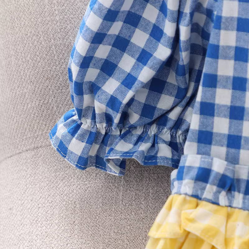 Váy bé gái hè 2025 kiểu mới, váy công chúa kẻ caro tay ngắn cho bé gái lớn, phong cách Hàn Quốc