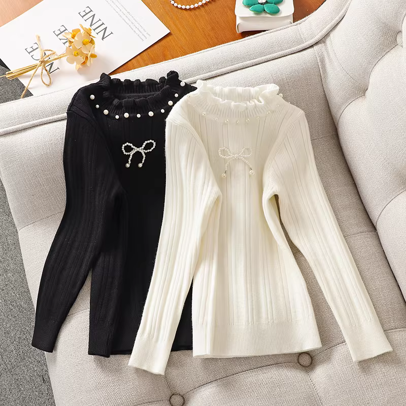 Áo len lớp lót cho bé gái mùa thu đông, áo cổ cao nửa cổ lót lông cừu có viền xếp nếp, áo len trắng cho trẻ em.