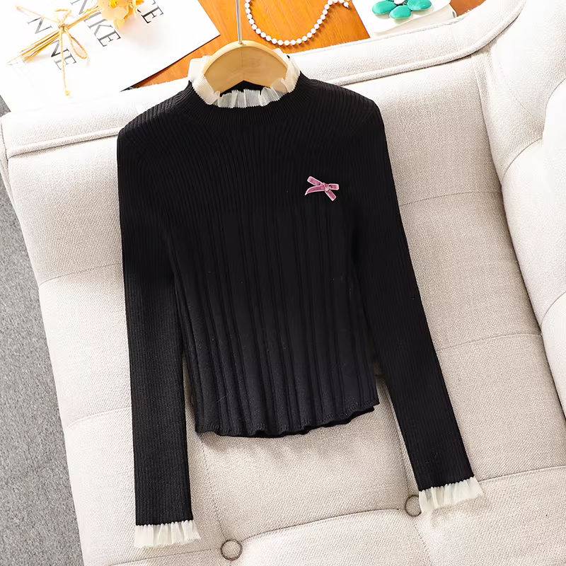 Áo len nữ cổ nửa cao phối nơ ren, kiểu dáng mới thu đông 2025, áo len ôm dáng, lớp lót bên trong