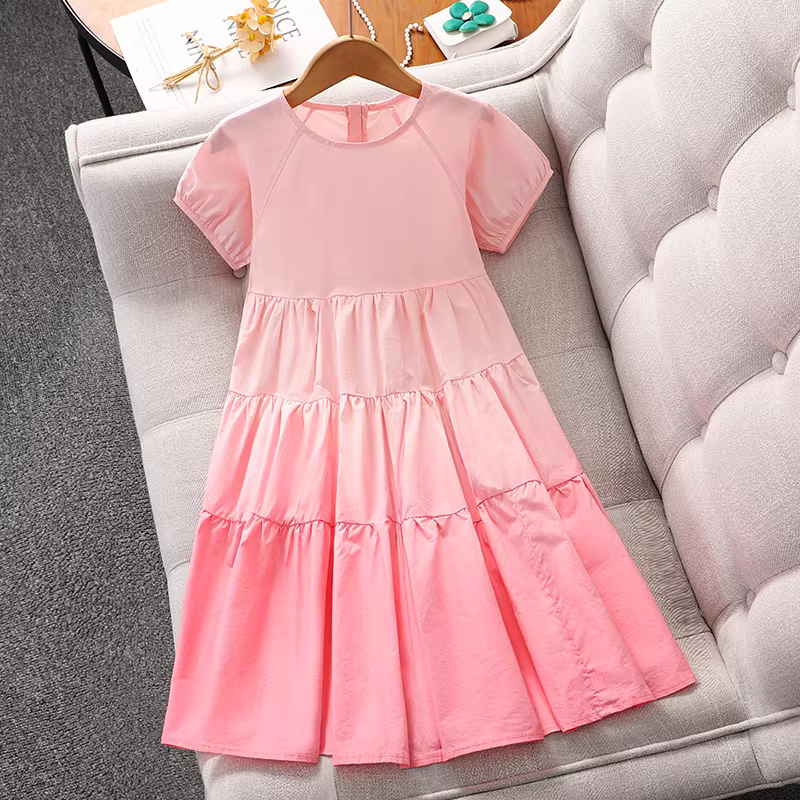 Váy ngắn tay phối màu mùa hè cho bé gái, váy mùa hè 2025, váy cotton trẻ em mới, váy công chúa thời trang cho bé gái