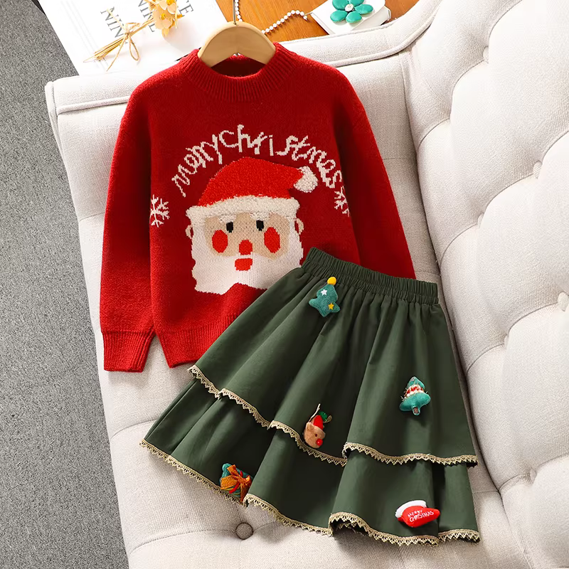 Bộ đồ len nữ bé gái kèm chân váy 2025, quần áo mùa đông mới cho trẻ em, váy len Giáng sinh bé gái, bộ hai mảnh mùa thu đông kiểu bánh ngọt