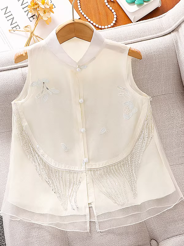 Bộ trang phục hè kiểu cổ điển Hán phục siêu tiên nữ dành cho bé gái năm 2025, áo không tay mới, quần ống rộng mỏng dành cho bé gái lớn hơn