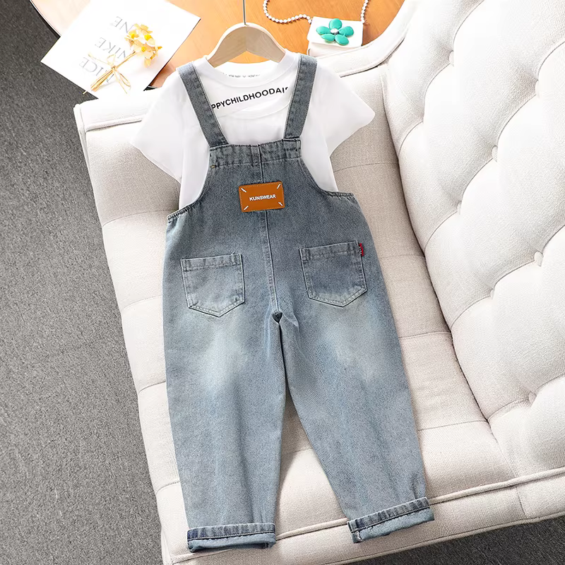 Bộ quần yếm denim nữ 2025 kiểu mới, quần áo trẻ em cho bé gái lớn, thời trang mùa xuân hè