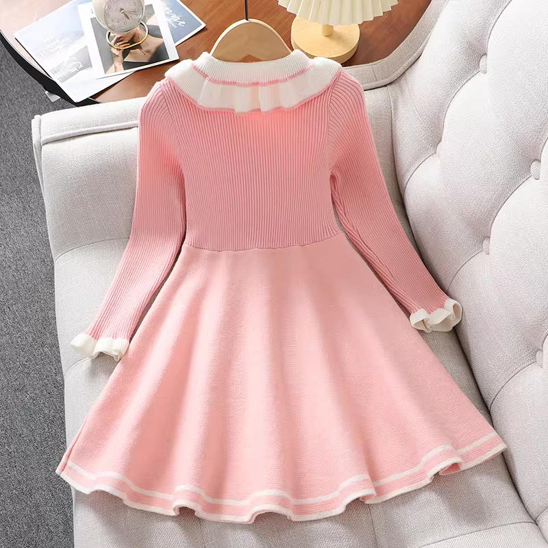 Váy len dày màu đỏ cho bé gái mùa đông 2025, váy công chúa Tết, áo len đầm cho trẻ lớn