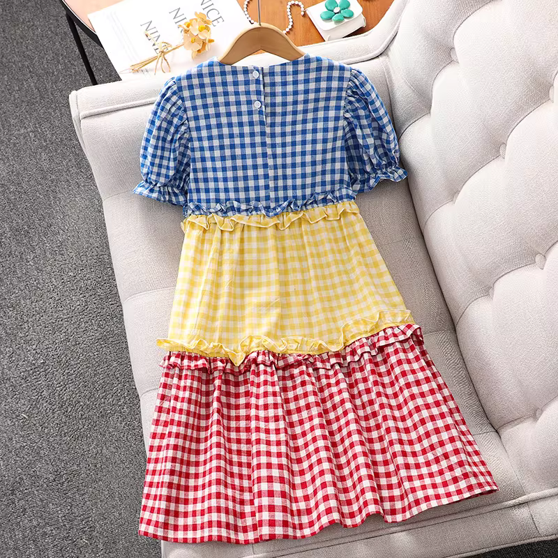 Váy bé gái hè 2025 kiểu mới, váy công chúa kẻ caro tay ngắn cho bé gái lớn, phong cách Hàn Quốc