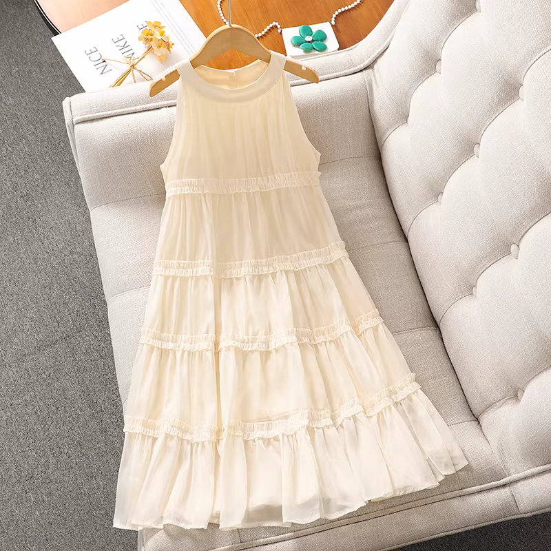 Váy kiểu dáng mùa hè cho bé gái, chất liệu chiffon, kiểu dây halter, váy công chúa đi biển, mẫu mới 2025