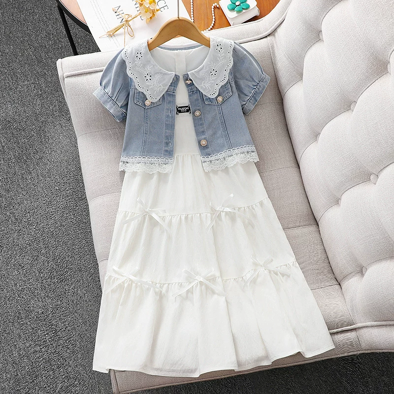 Áo khoác denim mùa hè cho bé gái, váy mùa hè ngắn tay cổ búp bê mỏng giản dị cho trẻ em, áo ren sành điệu cho bé gái lớn hơn