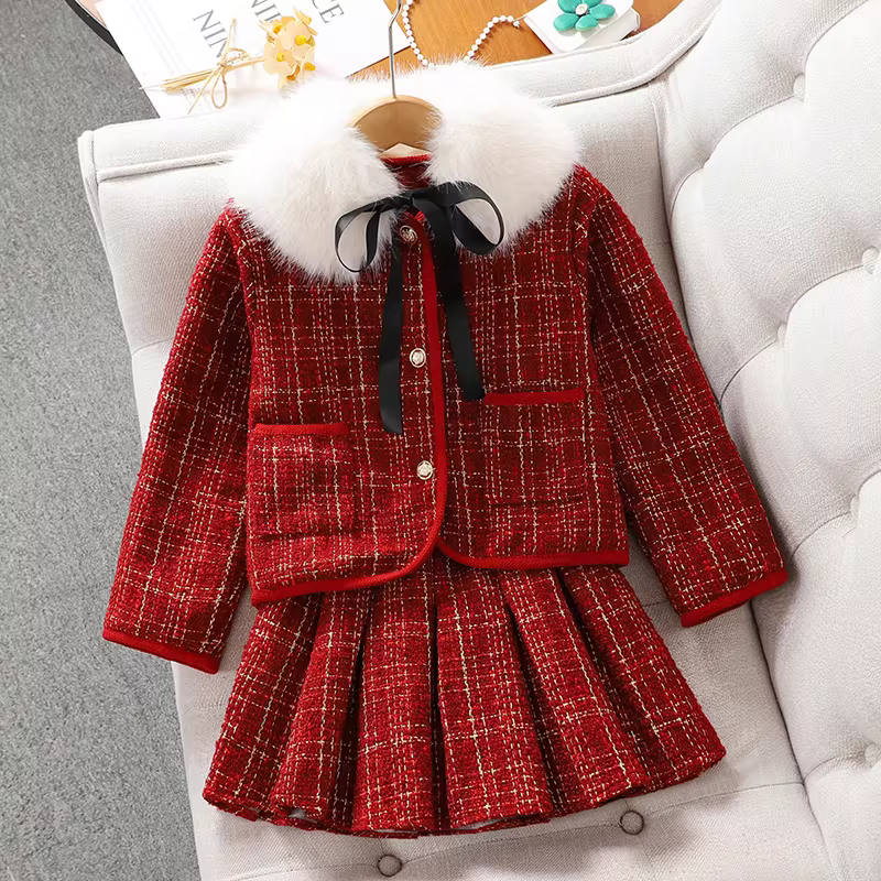 Trang phục Tết cho bé gái Quần áo mùa đông Quần áo Tết 2025 Quần áo Tết cho trẻ lớn Váy đỏ phong cách Chanel Bộ dày dặn cho trẻ em mùa thu đông