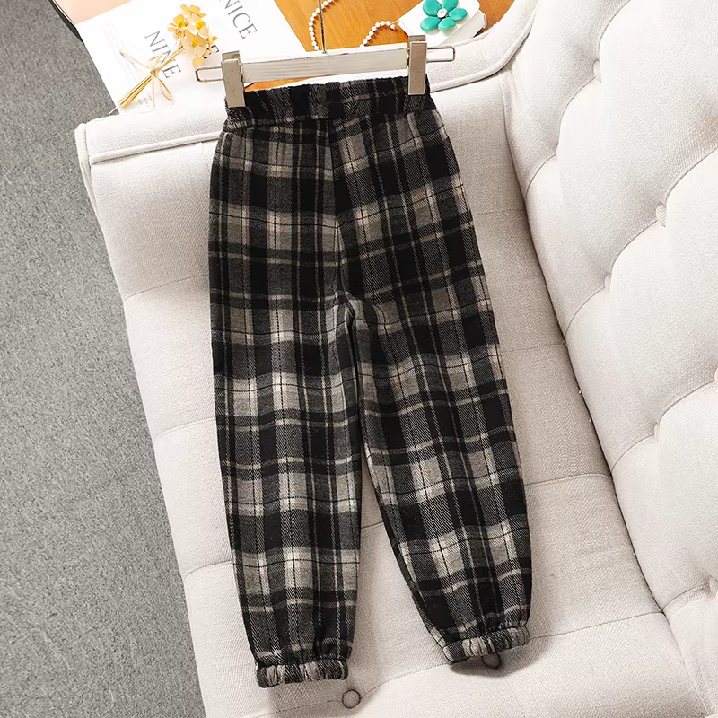 Quần kẻ sọc lót lông cừu cho bé gái mùa thu đông 2025, quần jogger dày dặn mới dành cho trẻ lớn, quần giữ ấm mùa đông cho trẻ em