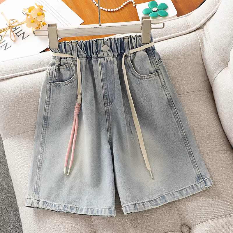 Bộ đồ polo ngắn tay kiểu preppy mới năm 2025 cho bé gái, quần short denim, bộ thể thao hai mảnh