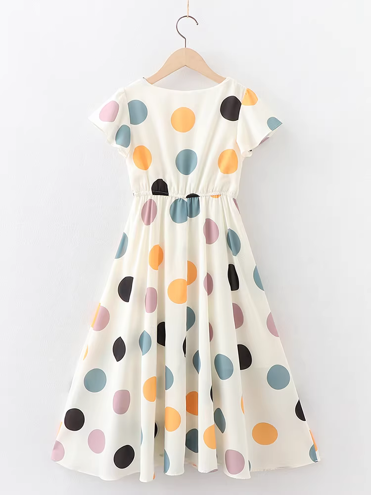 Váy voan bé gái, váy mùa hè, chấm bi ôm eo, vạt áo rộng, váy dài đến đầu gối, váy đi biển cho trẻ em, kiểu dáng mỏng
