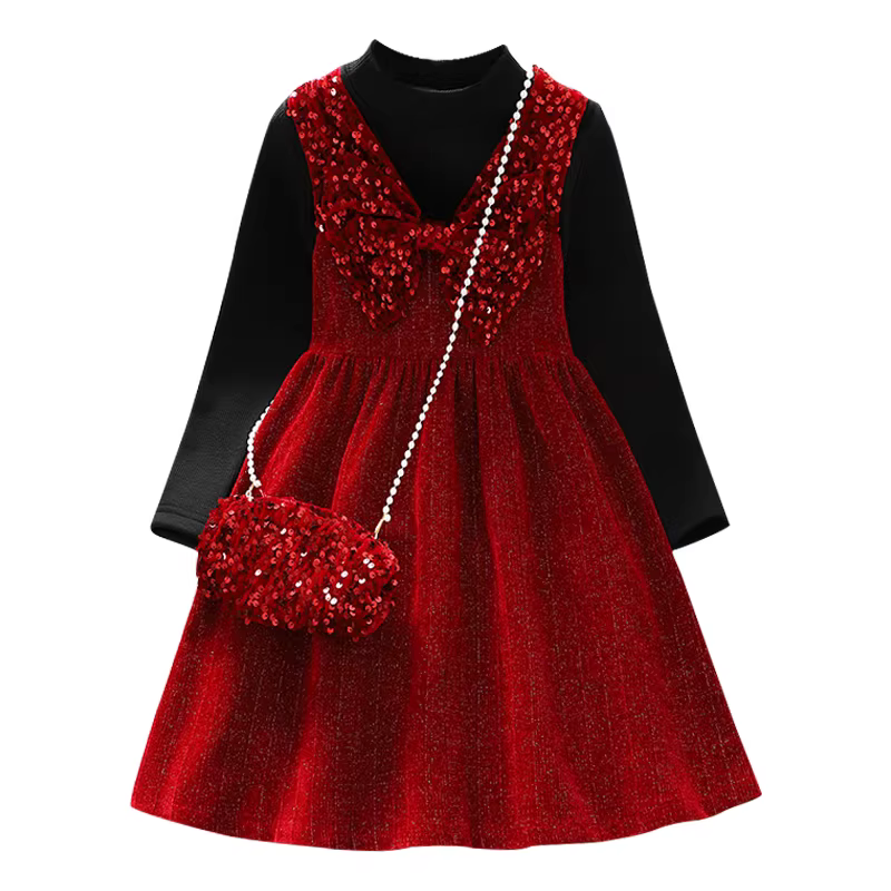 Váy đỏ bé gái thu đông 2025, trang phục Tết, váy yếm trẻ em, trang phục chào mừng năm mới cho bé gái