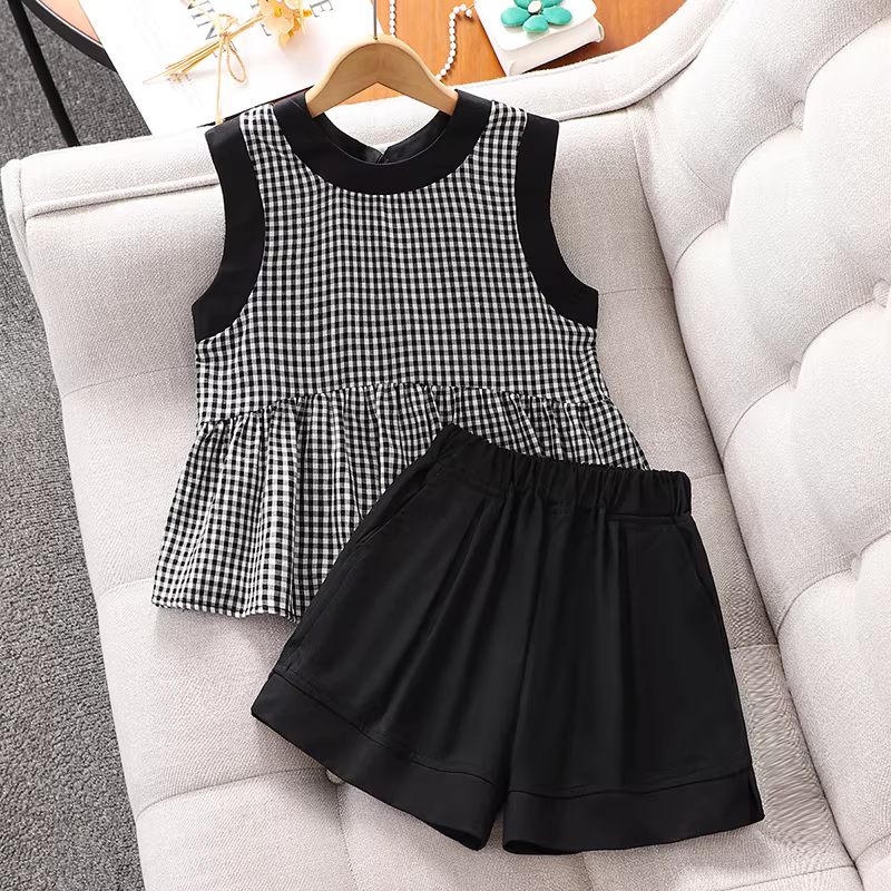 Bộ áo sơ mi không tay cho bé gái, phong cách mùa hè, sành điệu, bé gái lớn hơn, phong cách nhỏ nhắn thơm tho, trang phục mùa hè kẻ sọc, quần short bé gái bộ hai mảnh