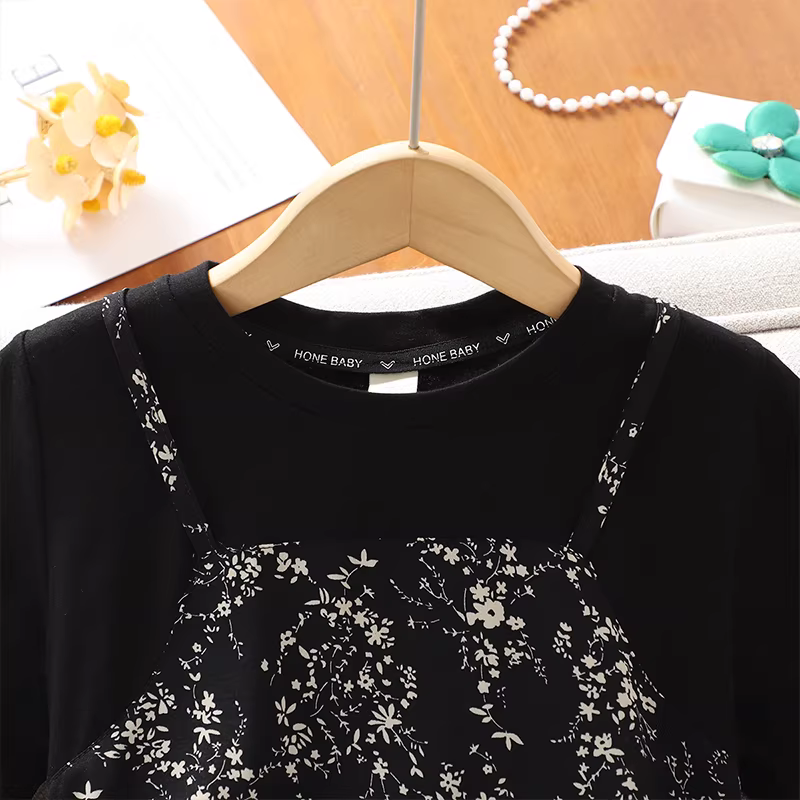 Váy hai mảnh giả dạng cho bé gái hè 2025, váy dài voan hoa mới cho bé gái, váy yếm bé gái mùa hè