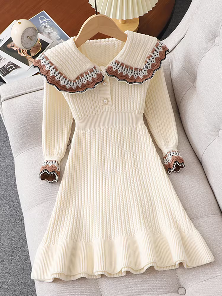 Váy len bé gái, kiểu dáng dài thu đông, váy công chúa dệt kim sành điệu cho bé gái, váy đỏ trẻ em, trang phục năm mới.