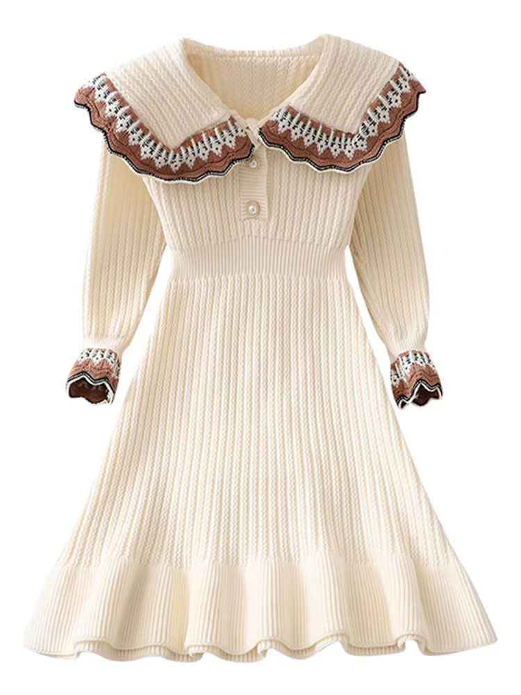 Váy len bé gái, kiểu dáng dài thu đông, váy công chúa dệt kim sành điệu cho bé gái, váy đỏ trẻ em, trang phục năm mới.