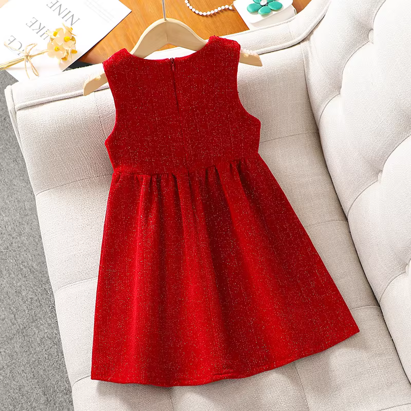 Bộ váy liền thân kèm áo gile lông cừu mùa đông màu đỏ cho bé gái, trang phục chào mừng năm mới cho bé gái