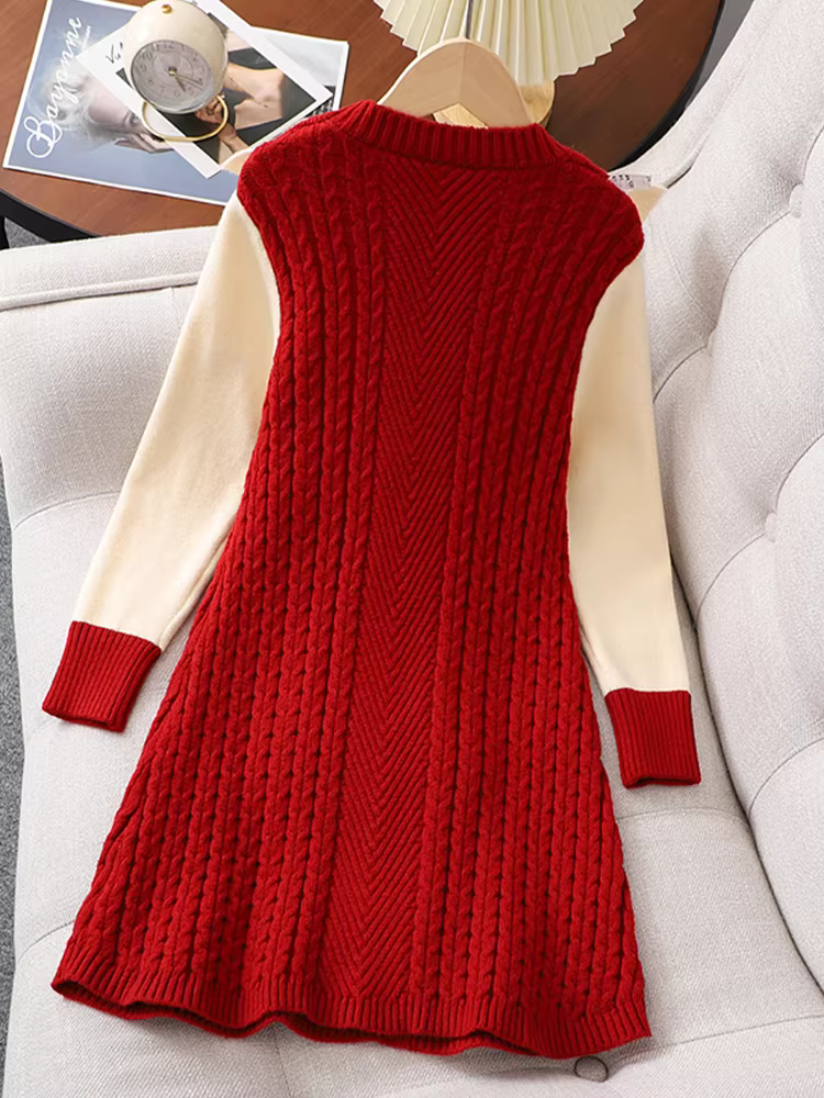 Váy áo len nữ, phong cách thu đông, váy công chúa dệt kim kiểu dáng thời trang năm mới, váy năm mới màu đỏ cho trẻ em, váy năm mới