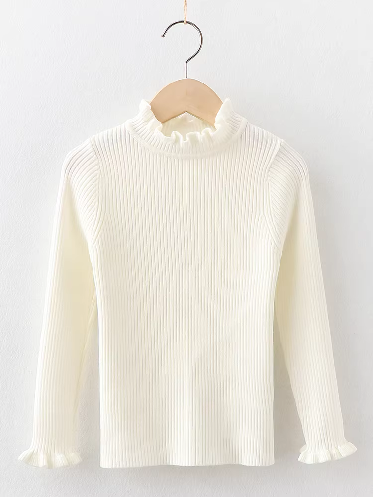 Áo len thu đông cho bé gái, cổ nửa cao, kiểu mới 2025, áo len lót lông cừu trắng viền bèo cho trẻ lớn.