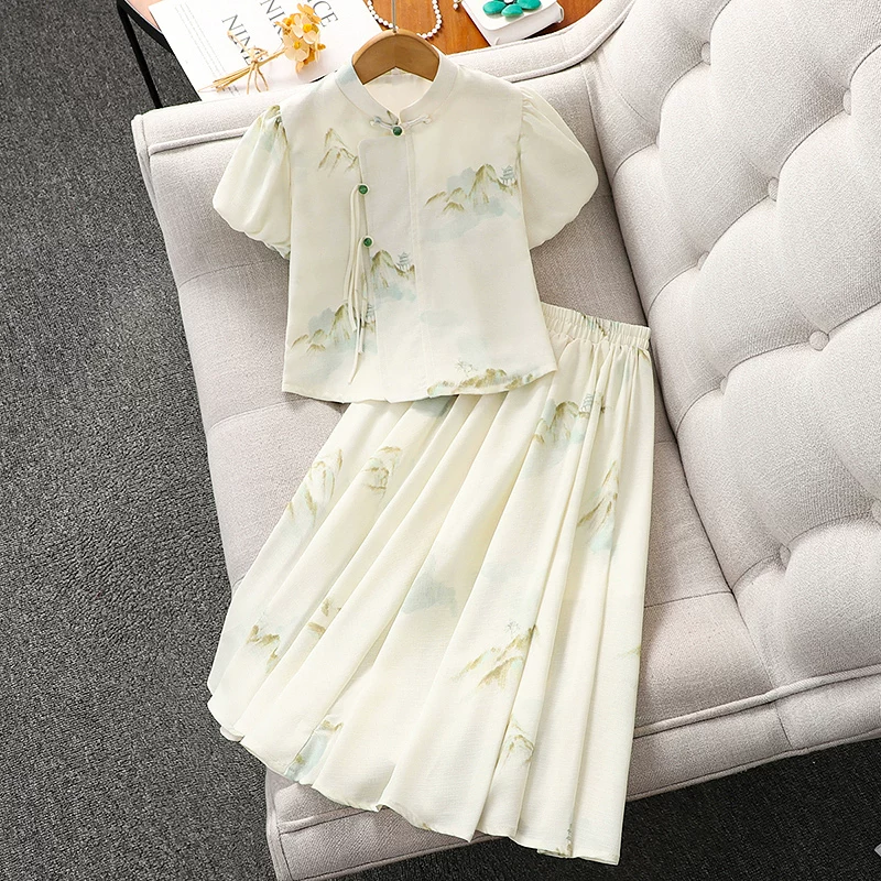 Bộ đồ Hanfu kiểu Trung Quốc dành cho bé gái mùa hè 2025, kiểu mới, váy ngắn tay phong cách Trung Hoa, bộ hai mảnh mùa hè cho bé gái