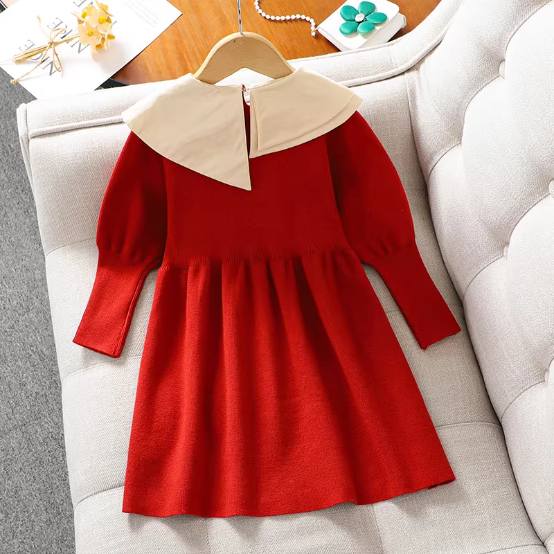 Váy áo len bé gái mùa đông 2025, mẫu mới, váy công chúa thu đông cho bé, váy đỏ cổ lệch cho bé lớn