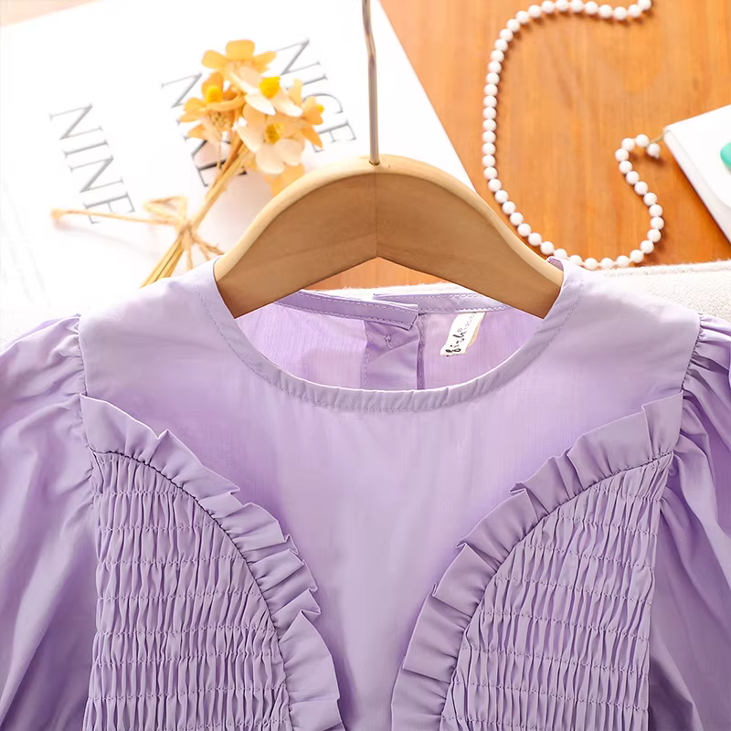 Váy hè cao cấp cho bé gái, váy hè trẻ em, váy chữ A ôm eo, váy công chúa tay phồng màu tím cho bé gái