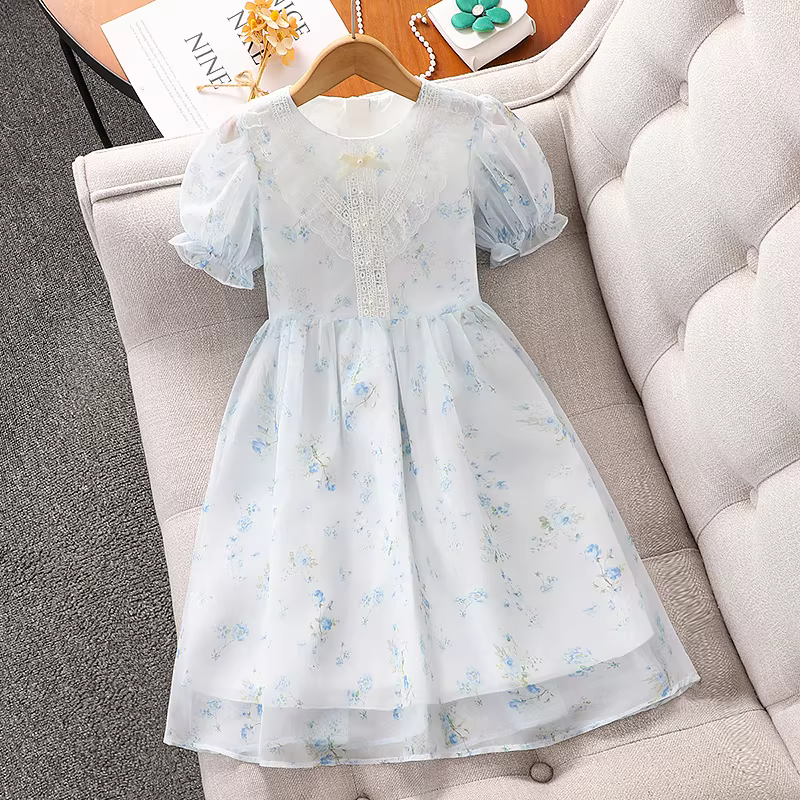 Váy voan mùa hè bé gái 2025 mẫu mới, váy ngắn tay họa tiết hoa, váy mùa hè mỏng, váy công chúa bé gái
