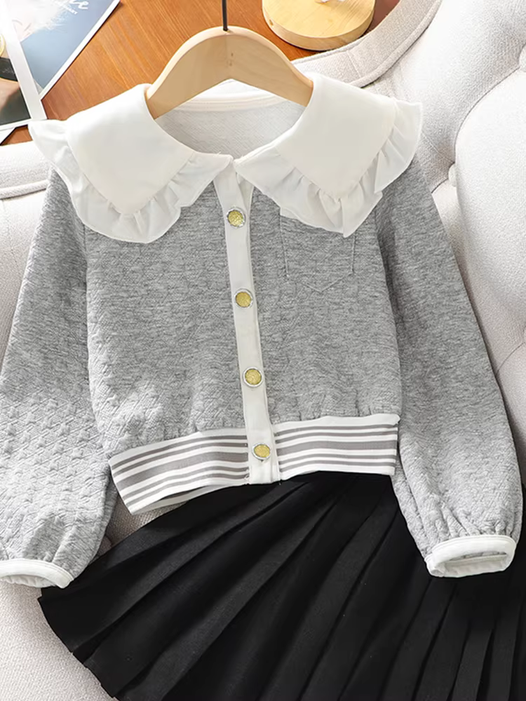 Bộ đồ bé gái xuân thu 2025 kiểu mới, thời trang cho bé lớn, trang phục mùa xuân, áo khoác cổ búp bê, chân váy xếp ly, bộ hai mảnh