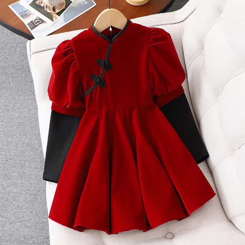 Váy sườn xám thu đông bé gái 2025 kiểu mới, váy nhung trẻ em phong cách mùa đông, váy công chúa đỏ phong cách dân tộc