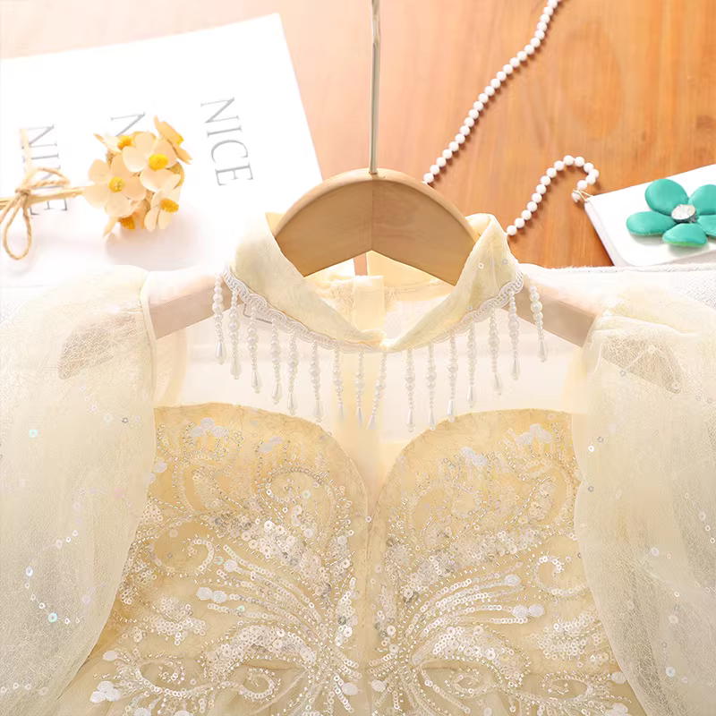 Váy đầm cao cấp cho bé gái, quần áo mùa xuân trẻ em 2025, váy công chúa mới, trang phục biểu diễn xuân thu, đầm trẻ em