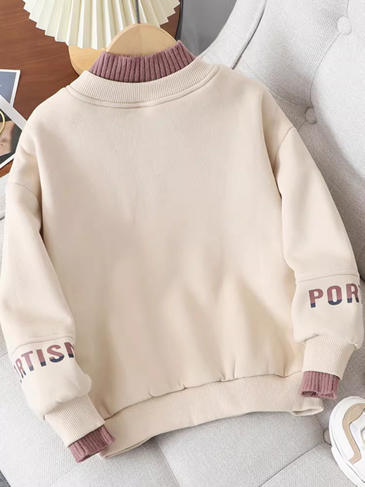 Áo len nữ bé gái 2025 kiểu dáng mới thu đông, cổ nửa cao, áo len nỉ dày giữ ấm cho bé lớn