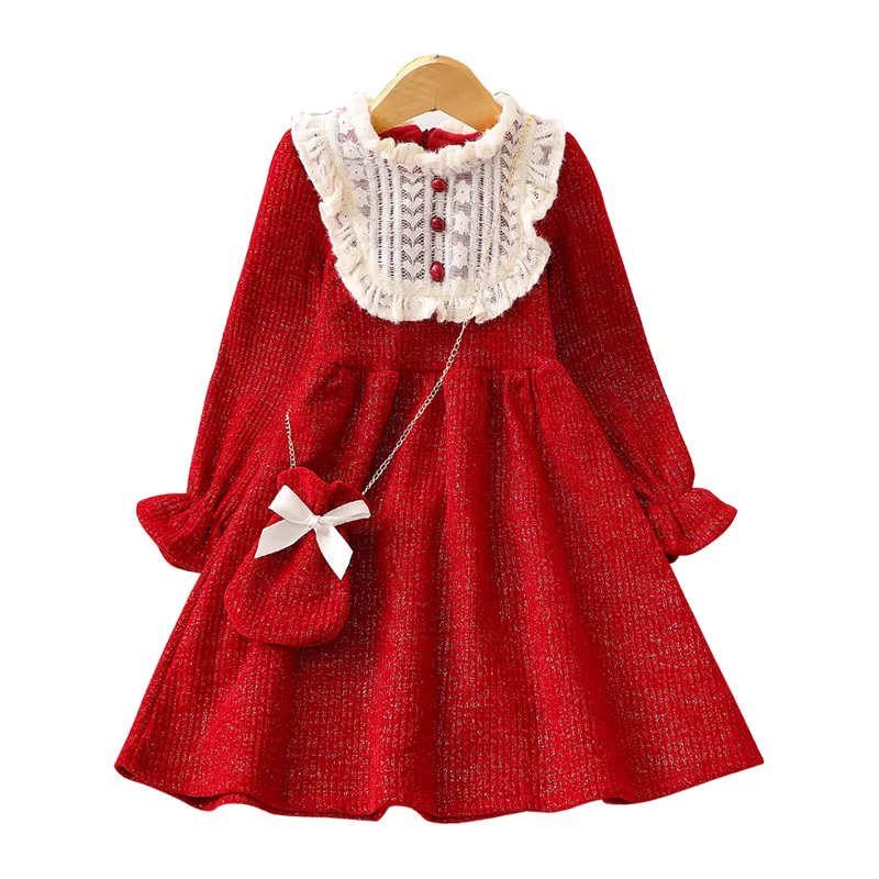 Váy cổ ren đỏ cho bé gái mùa thu đông 2025, váy chào mừng năm mới mới, váy nhung công chúa năm mới cho trẻ em