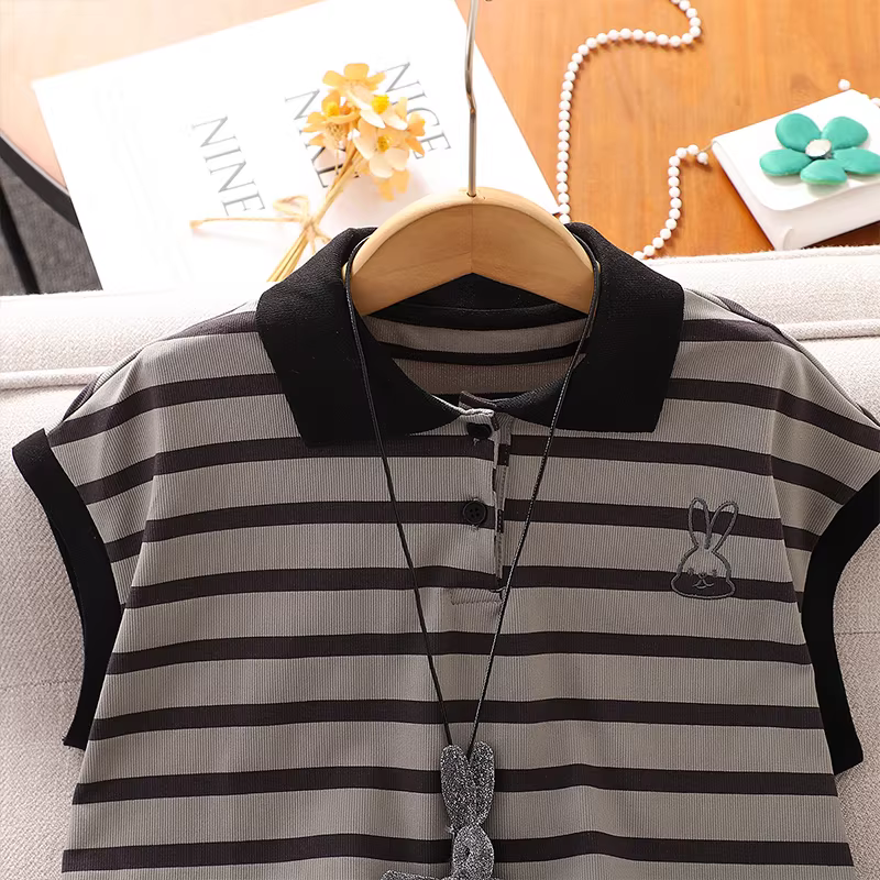 Váy polo sọc cho bé gái trang phục mùa hè Váy ngắn tay thường ngày cho trẻ em Váy ngắn tay cho bé gái lớn mùa hè mỏng Váy phong cách Hàn Quốc