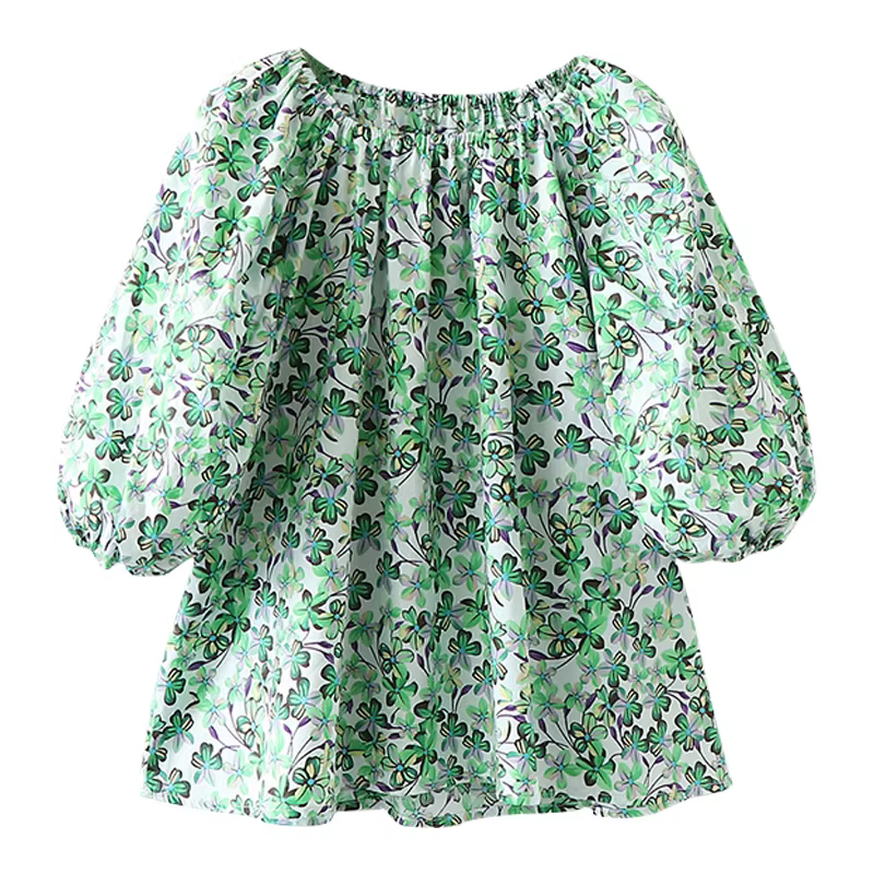 Áo sơ mi trễ vai họa tiết hoa mùa hè rộng rãi dành cho bé gái, quần áo mùa hè dành cho trẻ trung niên và lớn tuổi mũm mĩm, áo cotton nguyên chất ngắn tay