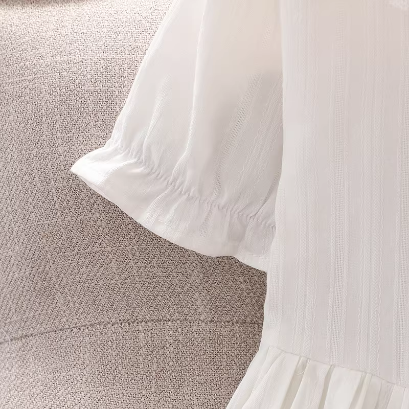 Váy phong cách preppy dành cho bé gái mùa hè váy sơ mi ngắn tay màu trắng phong cách mới dành cho bé gái lớn hơn Váy công chúa cotton nguyên chất dành cho trẻ em