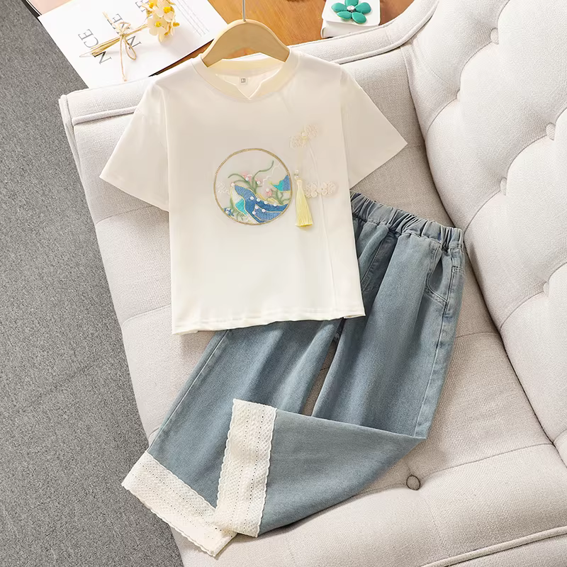 Áo thun nữ mùa hè 2025 kiểu mới áo thun ngắn tay thêu phong cách Trung Hoa mới thời trang mùa hè áo thun cotton nguyên chất cho bé gái